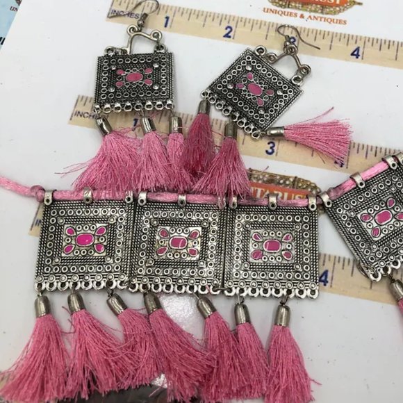 Silver Kuchi Afghan Jewelry Set With Dangling Tassels, Tribal Set - Picture 2 of 4